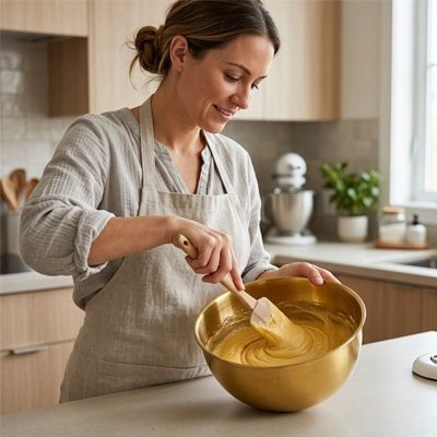femme qui melange a la spatule de la pate dans un cul de poule