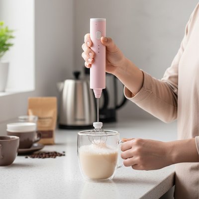 Mousseur rose dans une tasse qui monte du lait en mousse