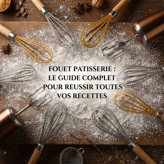 plusieurs fouet patisserie manuel et electrique sur planche bois fariné