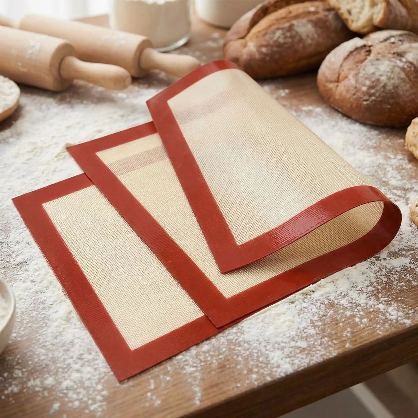 2 tapis de cuisson sur plan travail avec pain et rouleaux