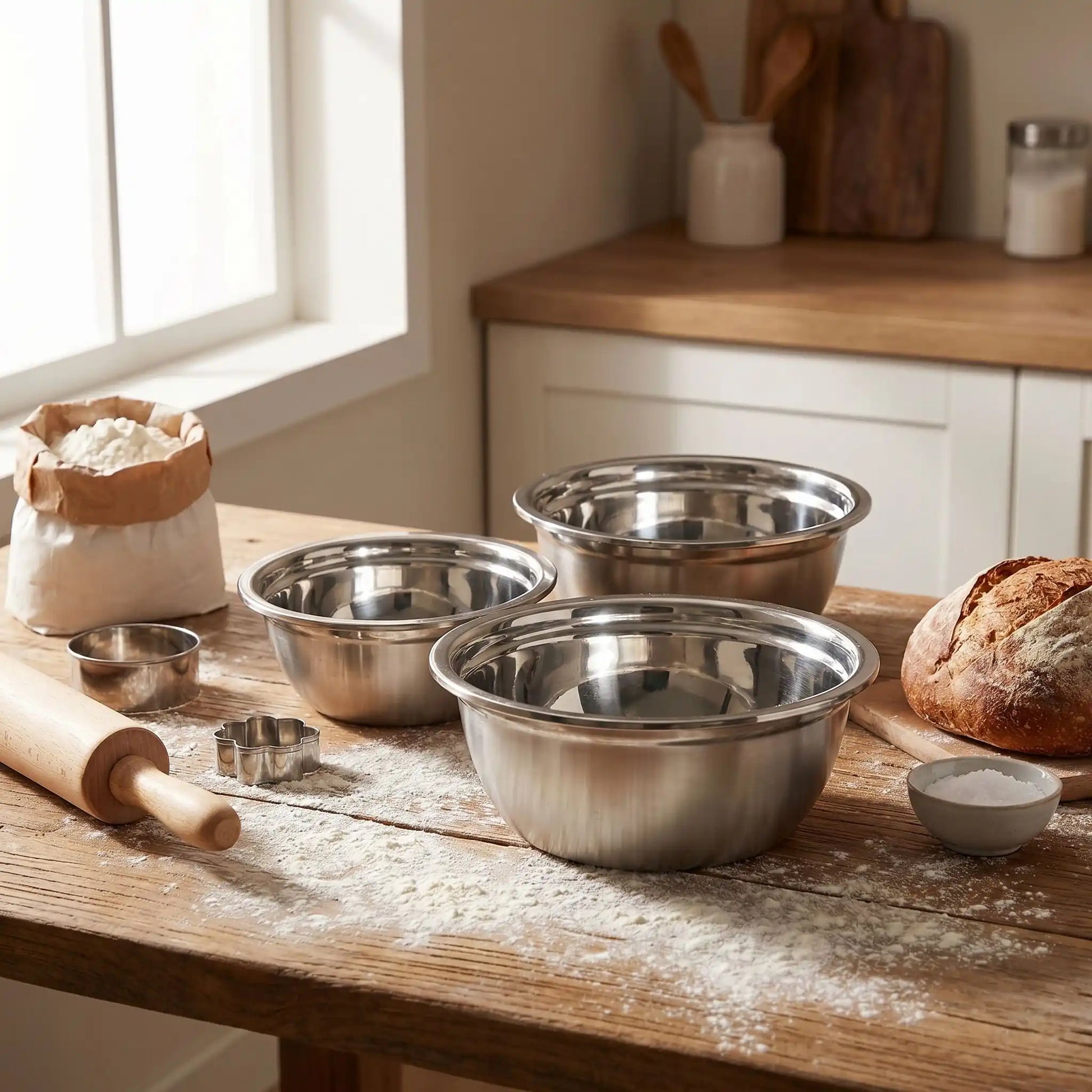 3 tailles de saladier inox sur table dans cuisine