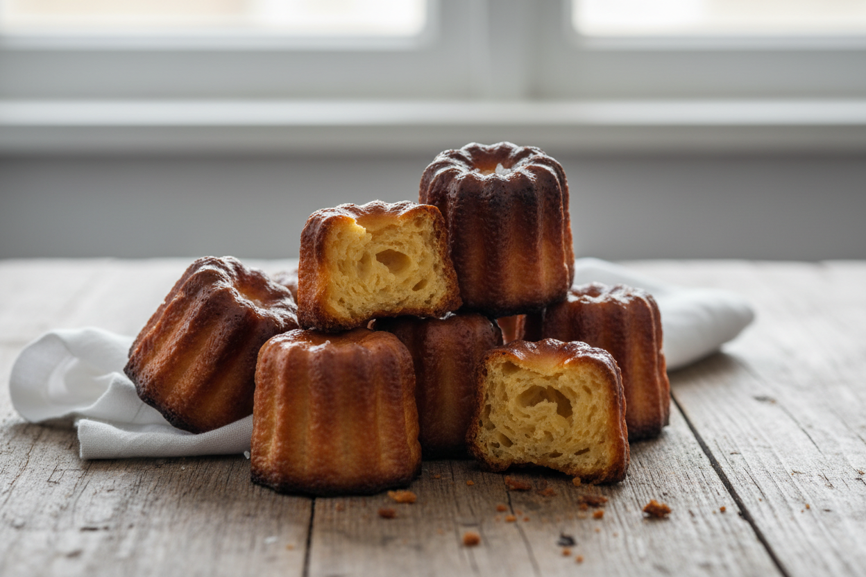 canneles bien croustillant exterieur et moelleux interieur sur table en bois