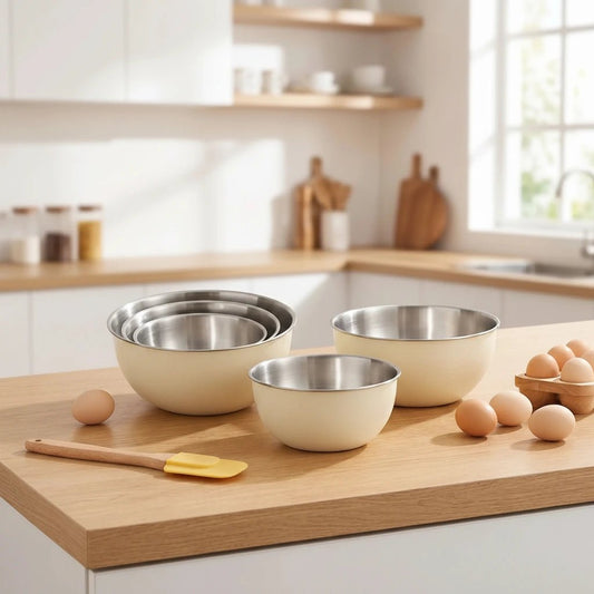 cul de poule creme empilé sur plan travail bois