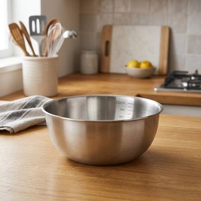 Cul de poule inox taille moyen sur table bois 