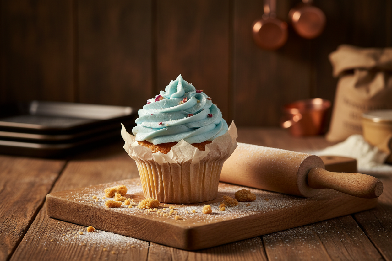 cupcake fond brun, a coté un rouleau a patisserie