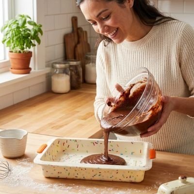 dame qui verse un gateau chocolat dans moule a gateau rectangle silicone
