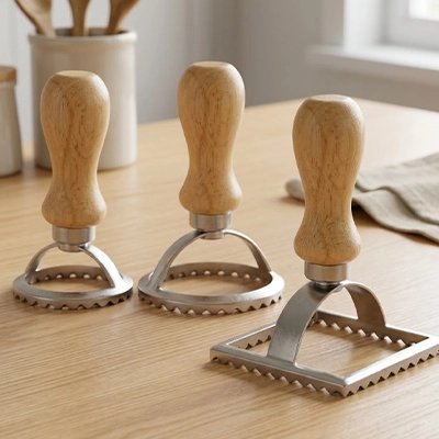 Emporte pièce avec manche bois  3 pieces rond moyen et grand et un rectangle sur table bois