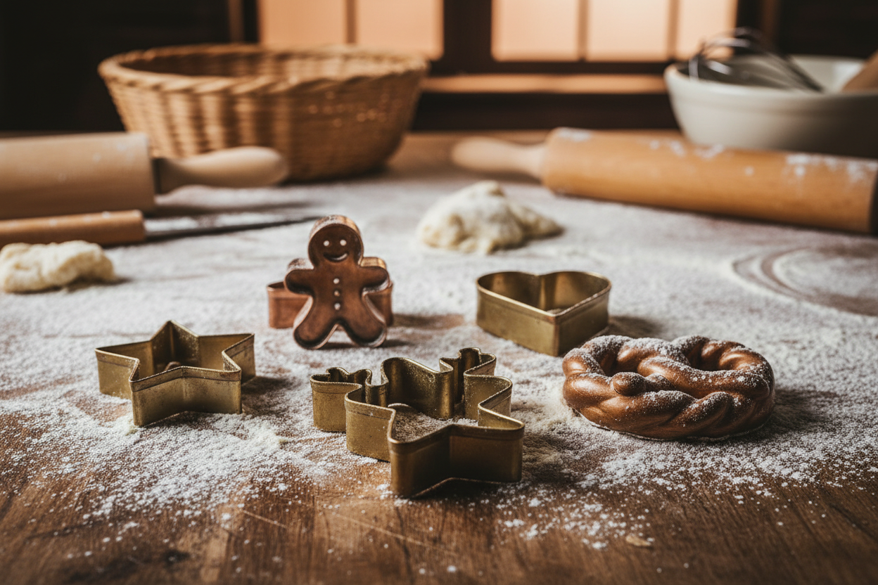 emporte pieces forme bonhomme coeur bretzel etoile renne sur plan de travail farine