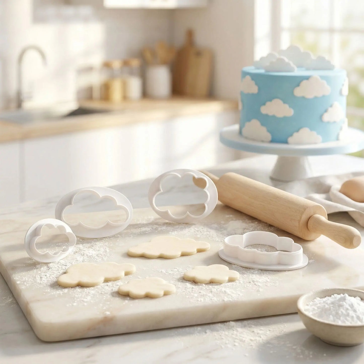 emporte pieces forme nuage sur planche farinee