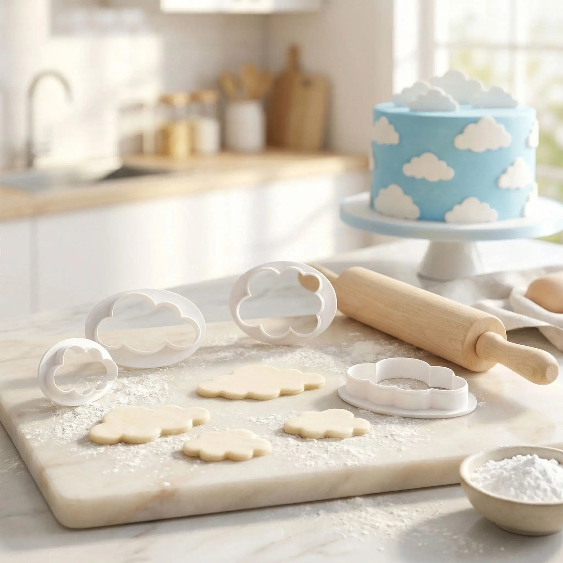 emporte pieces forme nuage sur planche farinee