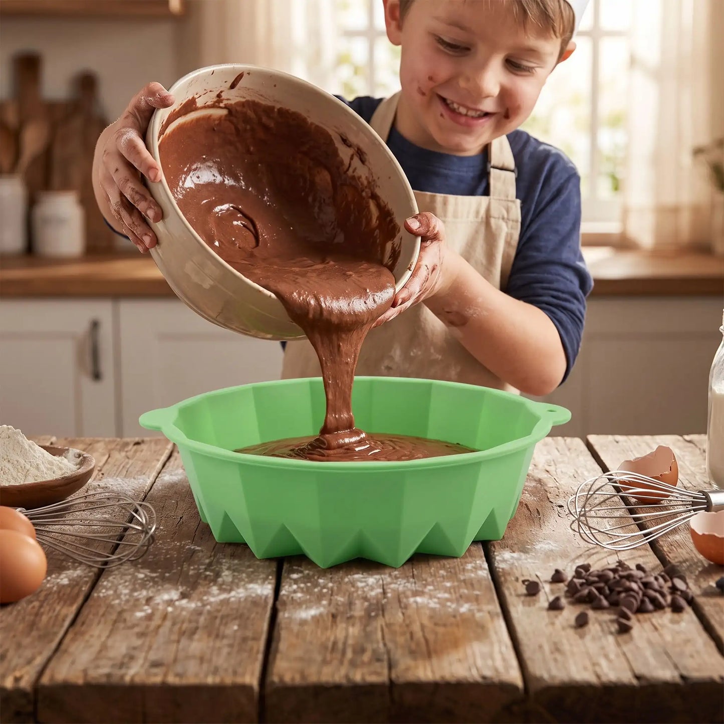 enfant qui verse gateau chocolat dans moule gateau en silicone