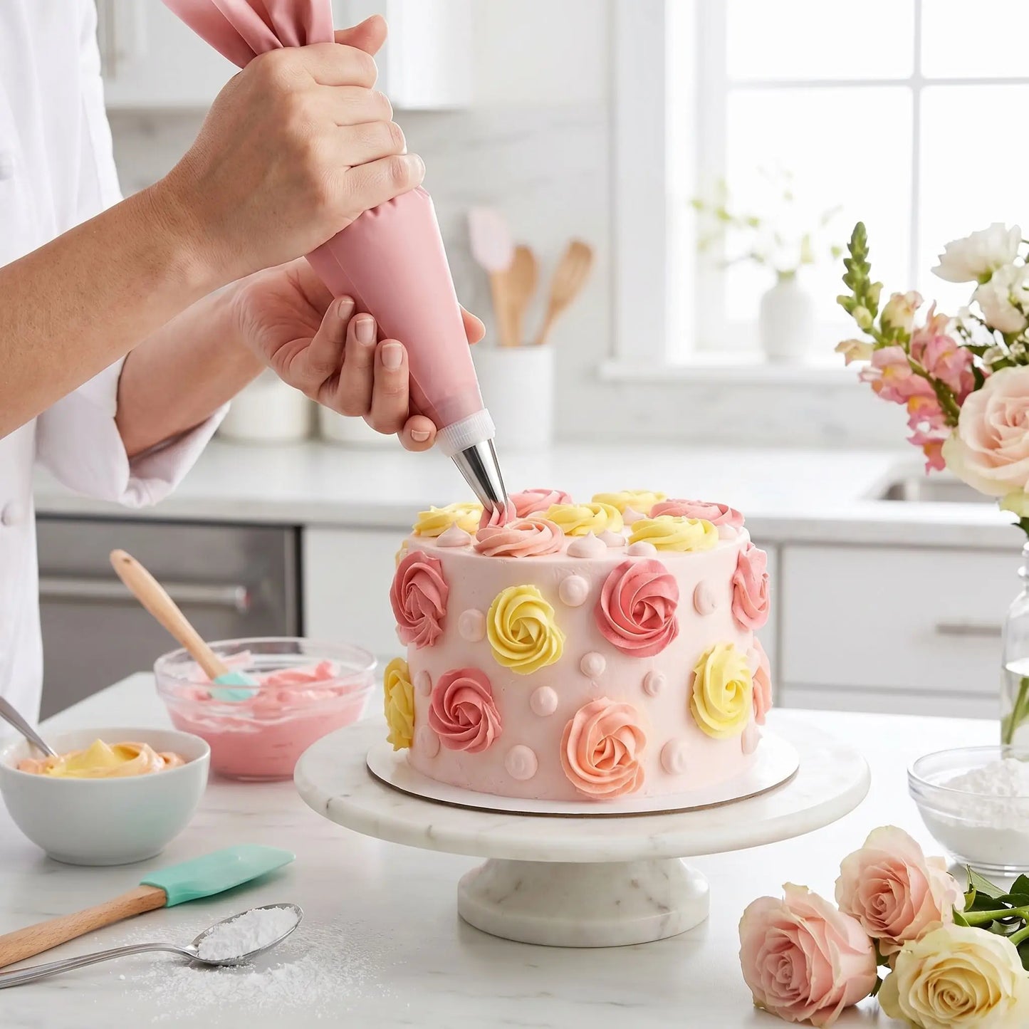 femme qui decor gateau avec poche a douille rose