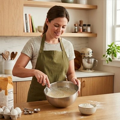 femme qui fouette dans un cul de poule inox dans cuisine
