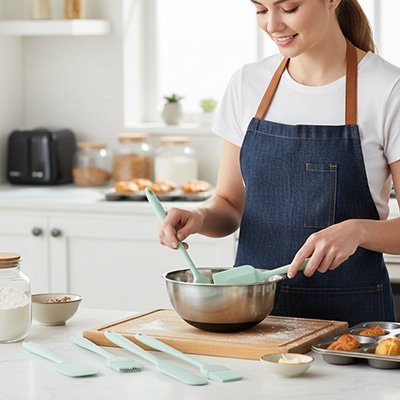 Femme qui melange dans un cul de poule avec spatule cuisine