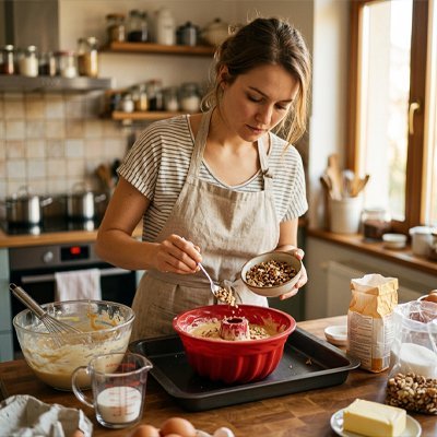 femme qui met des cereales dans la pate du moule gateau kouglof