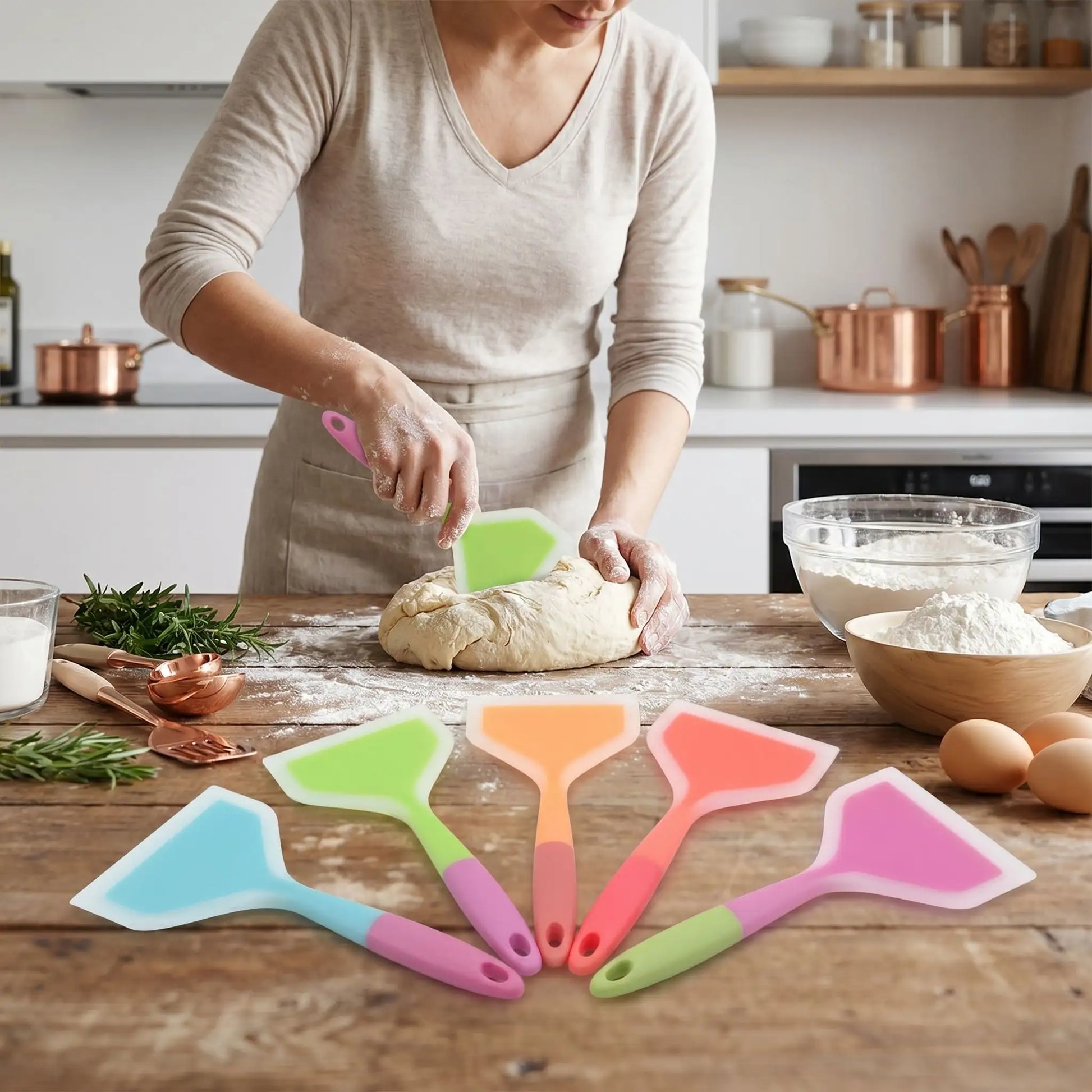 femme qui petri pate avec spatule silicone rose et vert