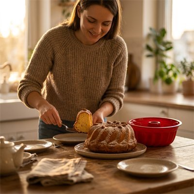 femme qui prend une part du kouglof moule gateau kouglof sur plan travail