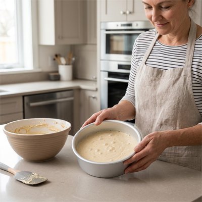 femme qui tient moule gateau avec pate crue pret a aller au four