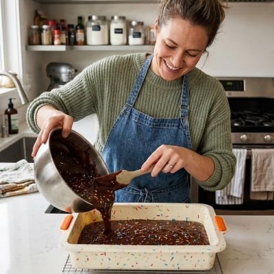 femme qui verse la préparation dans moule à gâteau en silicone