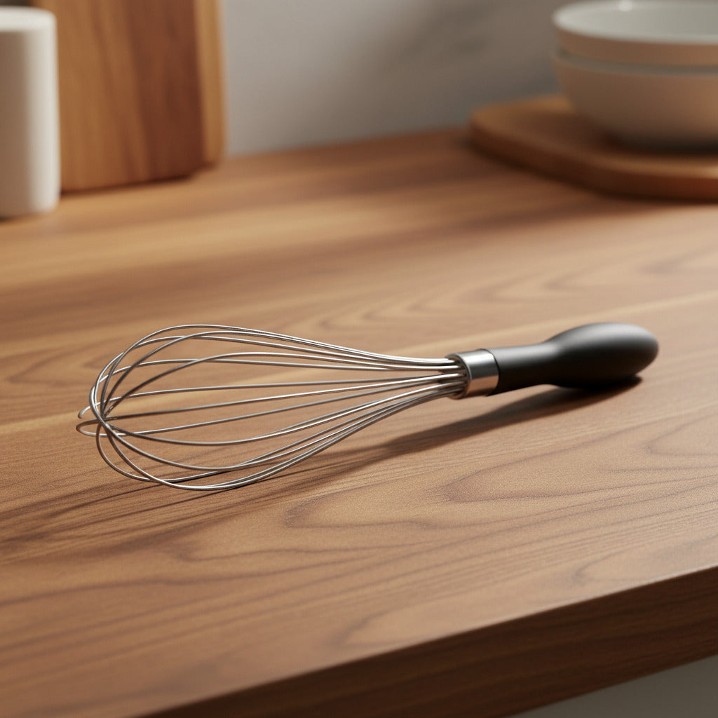 fouet cuisine manche silicone sur plan travail bois