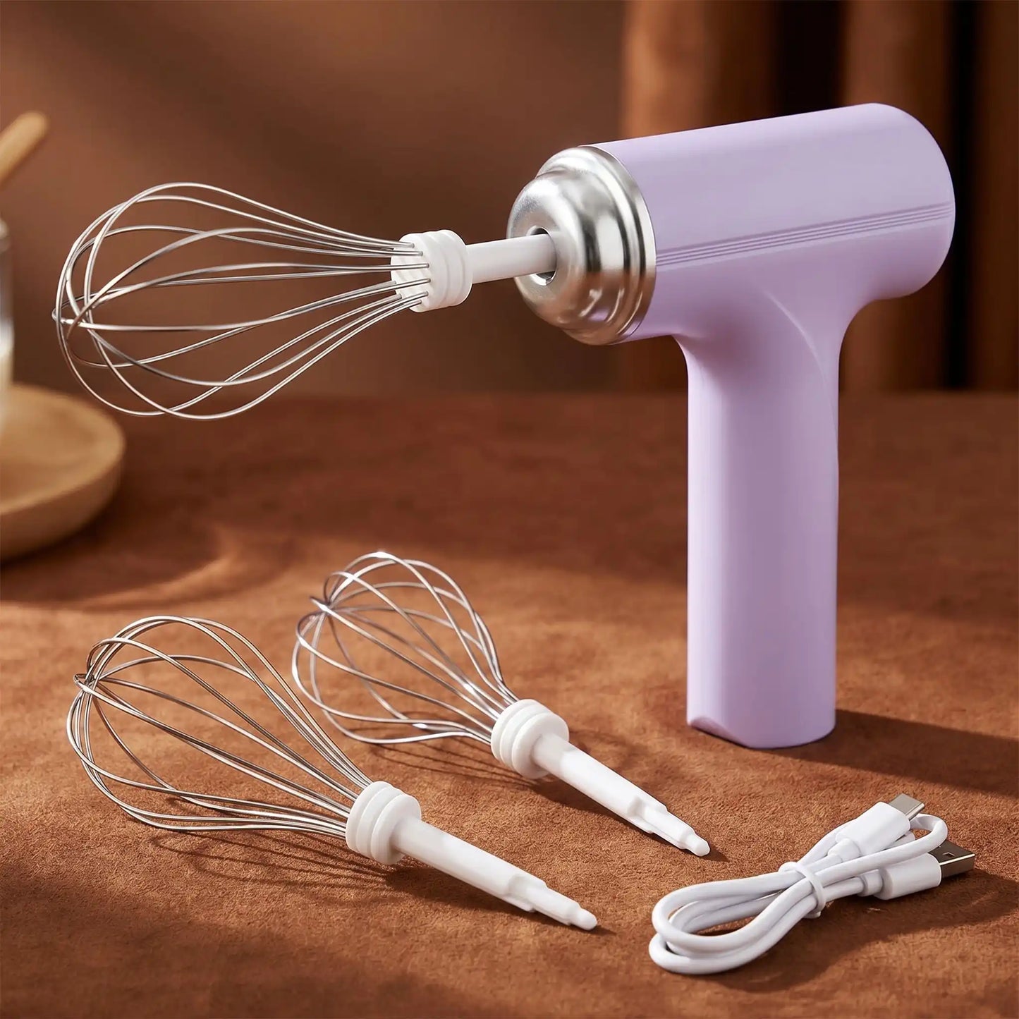 fouet electrique violet sur plan travail 2 tetes a cote et cable usb