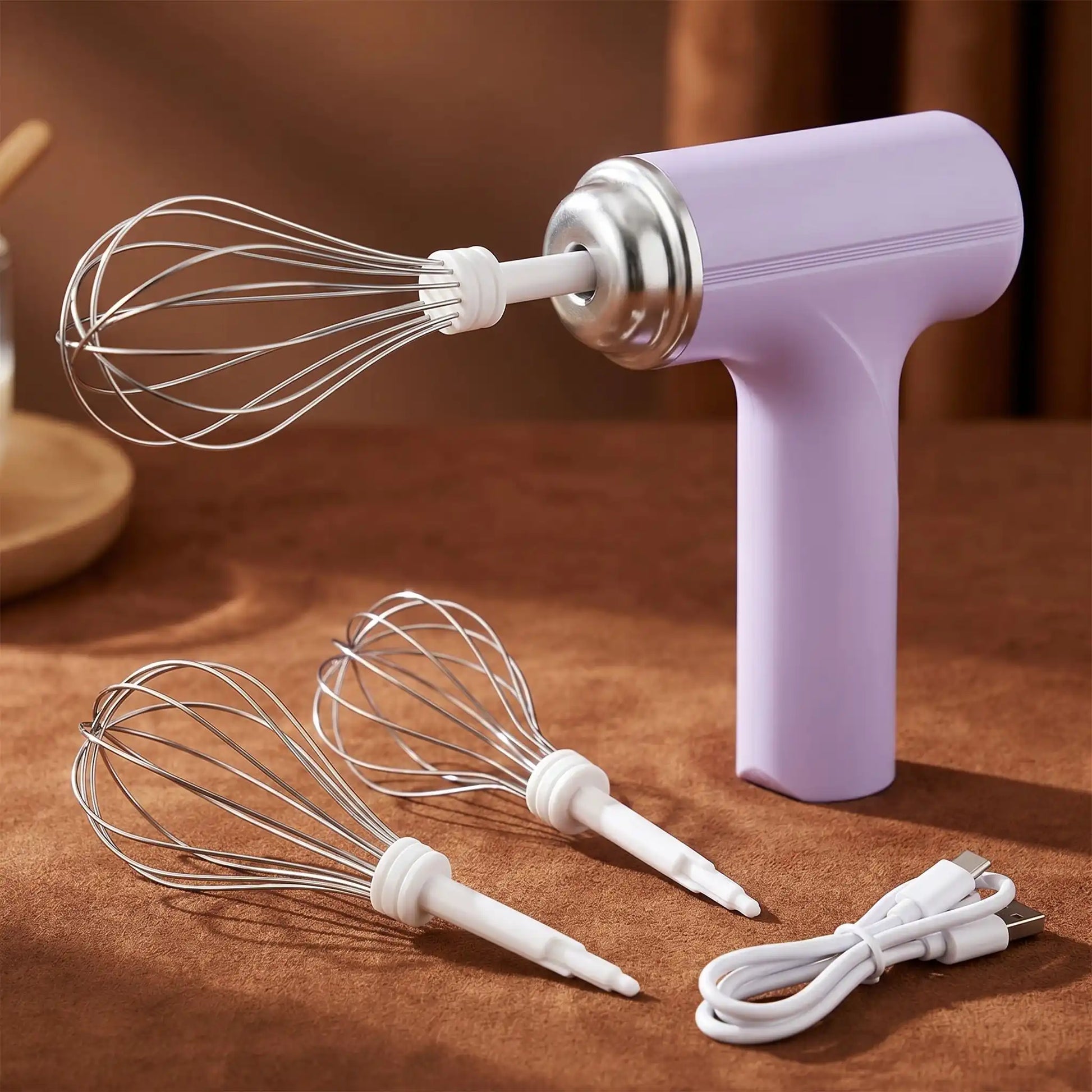 fouet electrique violet sur plan travail 2 tetes a cote et cable usb