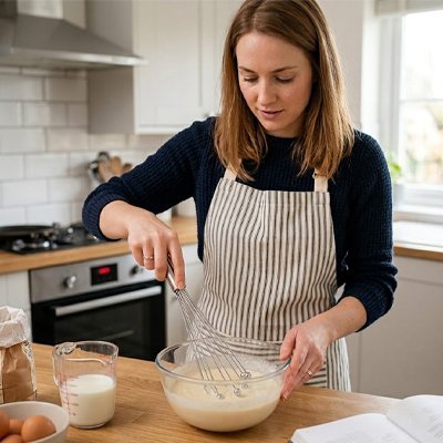 fouet inoxy battant une pate avec un pot de lait a coté du saladier