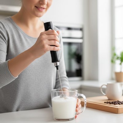 fouet mousseur dans une tasse sur plan de travail mélangeant du lait