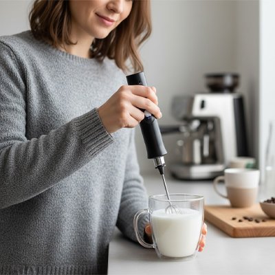 fouet mousseur noir qui mélange du lait