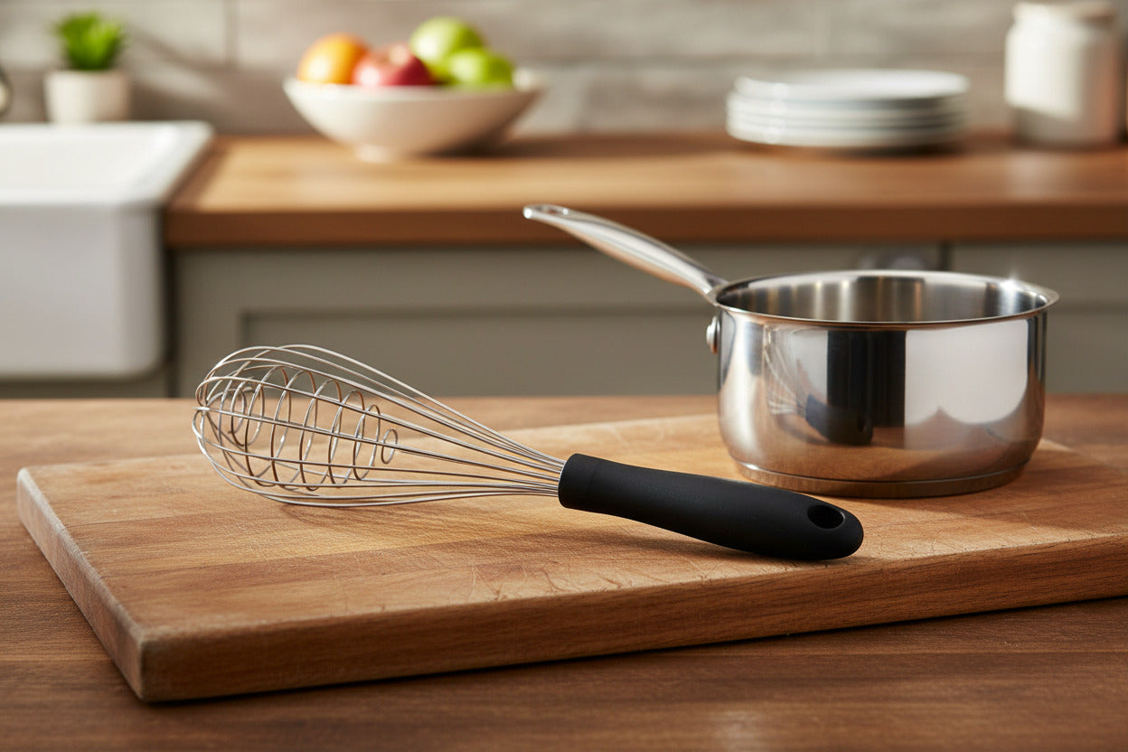 fouet patissier sur planche en bois casserole a coté