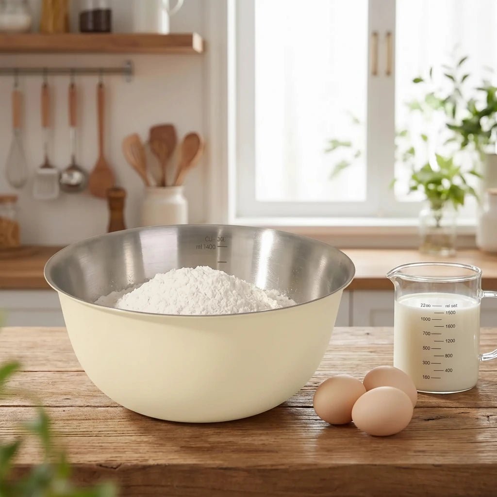 grand cul de poule creme avec farine et doseur lait a coté