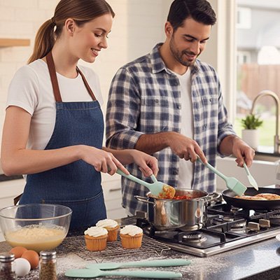 Homme et femme qui melange dans 2 caserole avec spatule cuisine