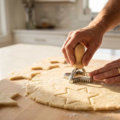 Homme qui fait des forme avec emporte piece coeur  etoile triangle sur pate 