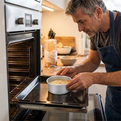 homme qui tient moule gateau sur grille porte four