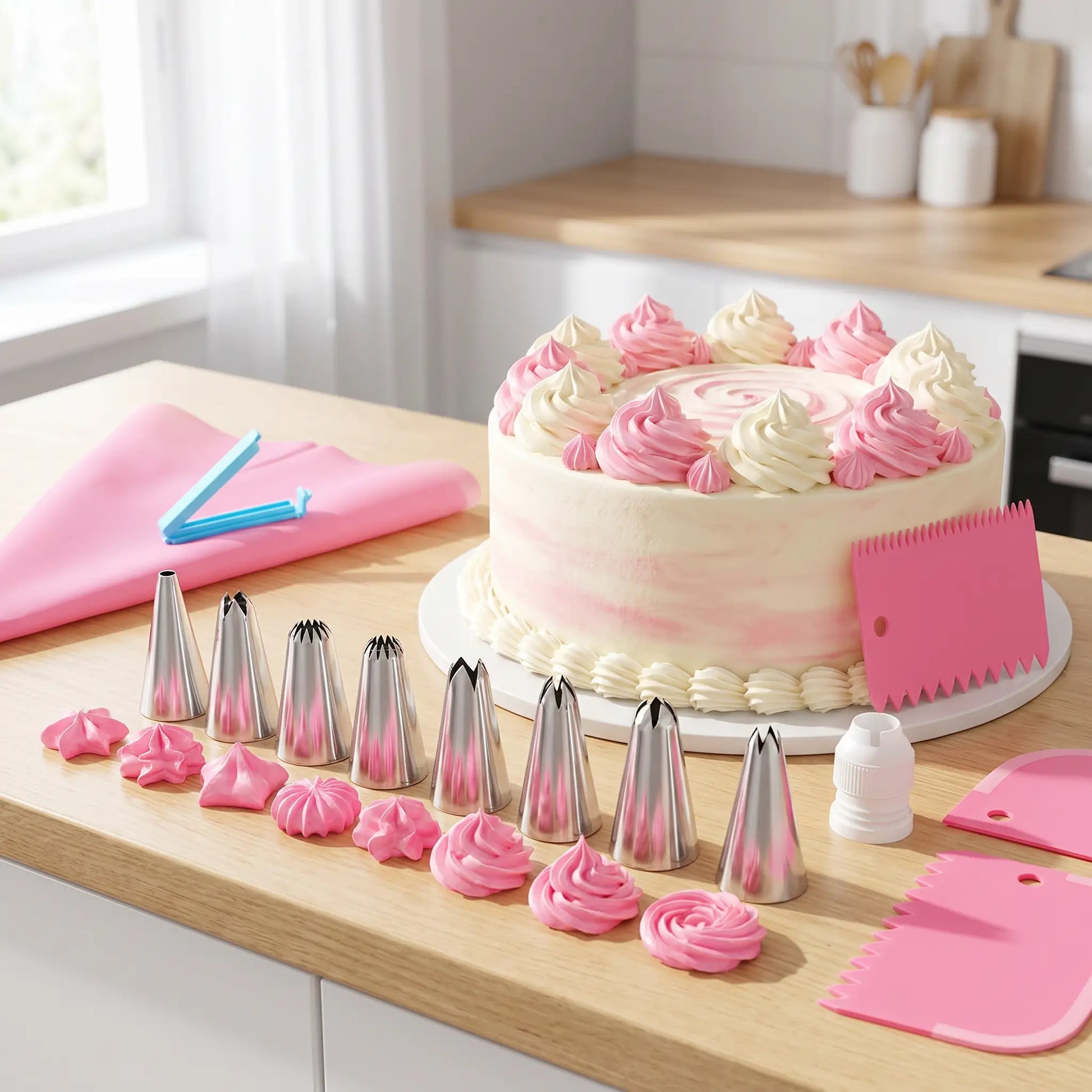 kit poche a douille rose avec gateau decore rose et blanc