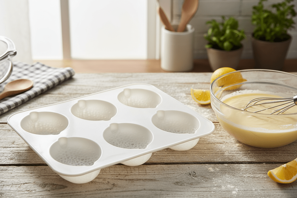 le moule est en silicone de couleur blanc la table est en bois 