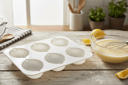 le moule est en silicone de couleur blanc la table est en bois 