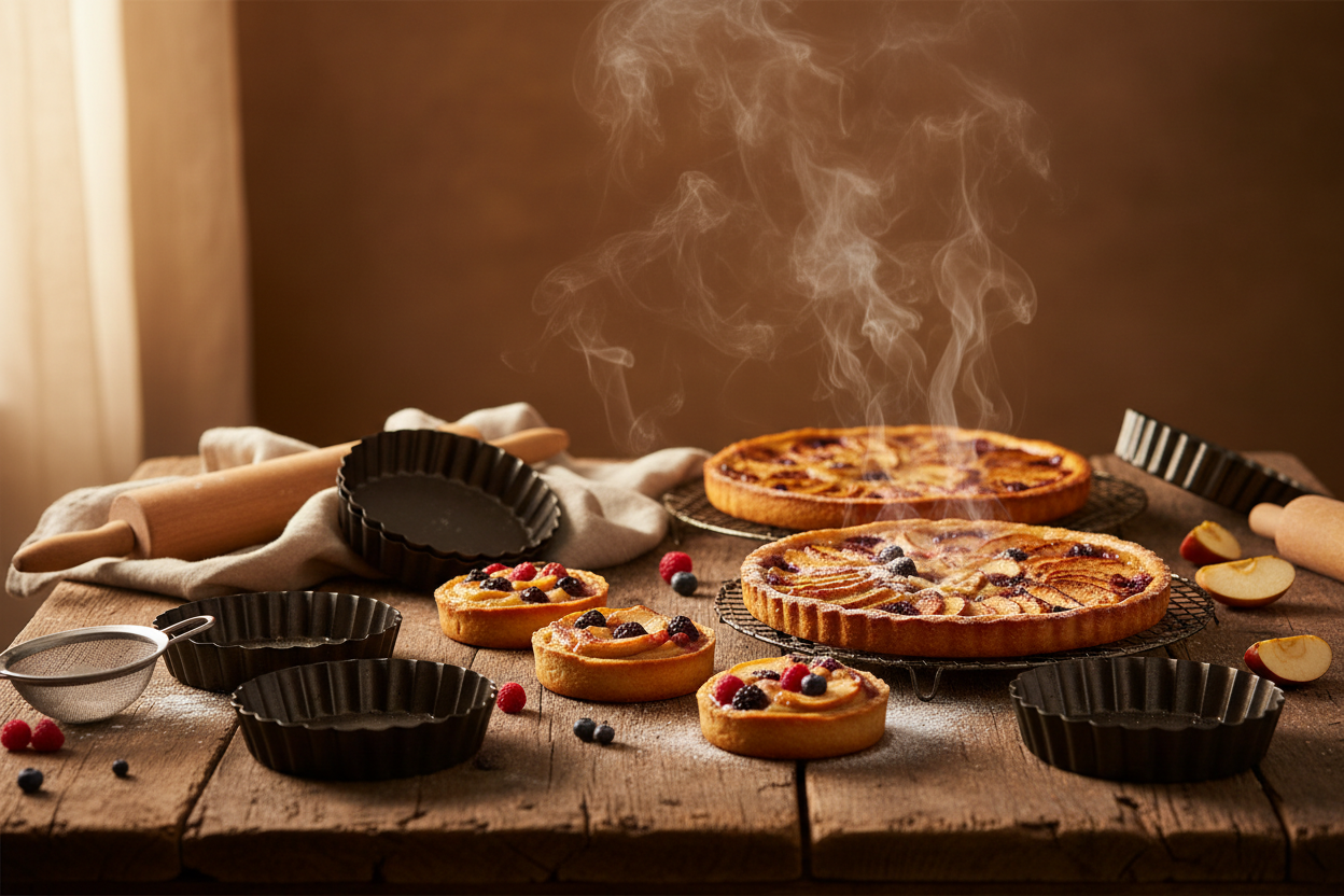 moule a tarte et tartelette sur une table avec des tarte terminée qui sortent du four fond brun