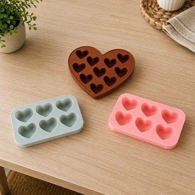 Moule en silicone pour gateau forme coeur 3 couleurs sur table en bois rose marron gris