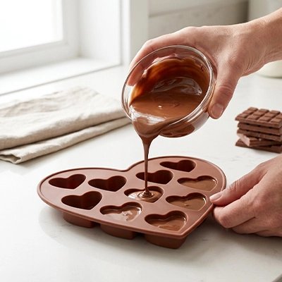 Moule en silicone pour gateau forme coeur chocolat en train d etre verse dans moule