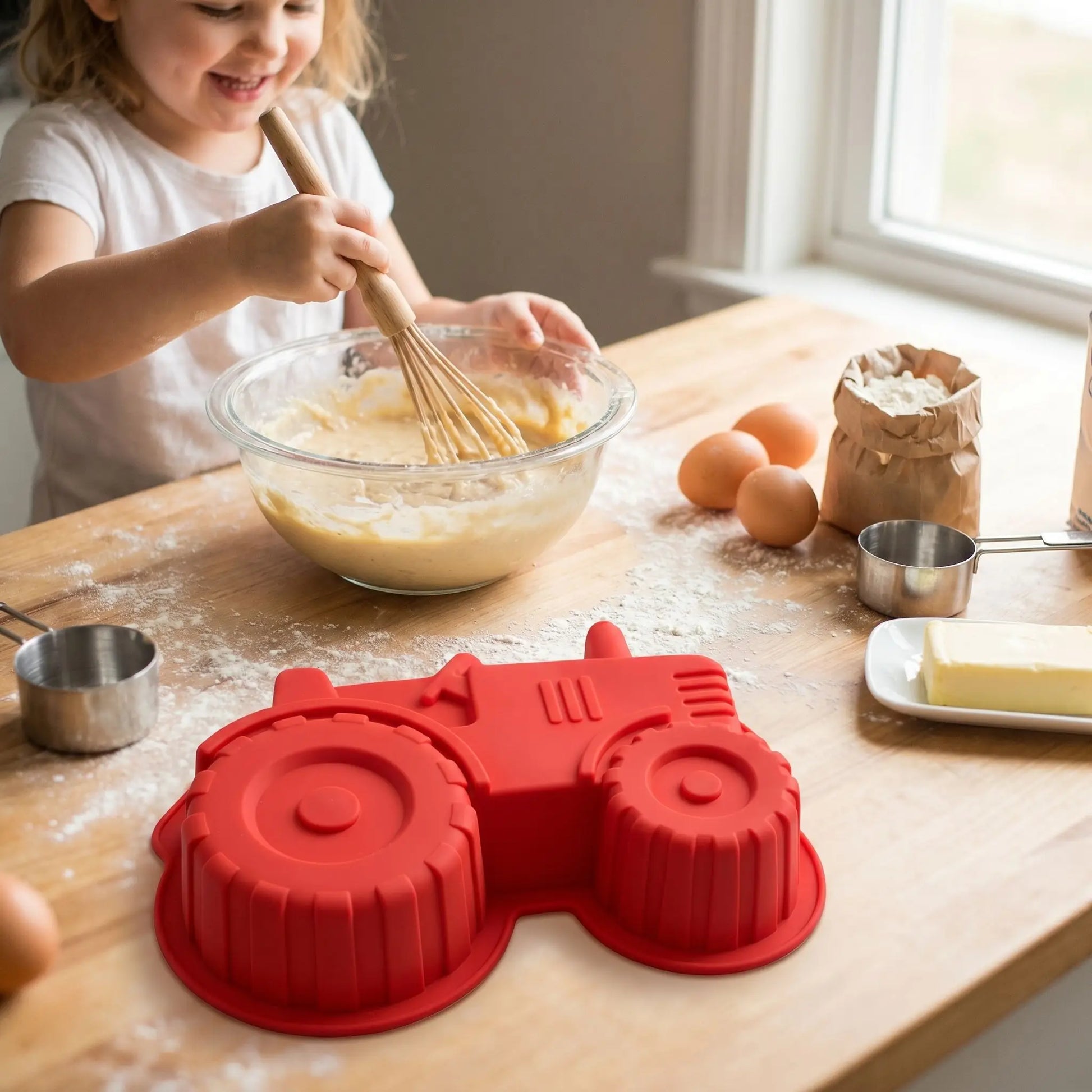 moule en silicone pour gateau forme tracteur enfant qui fait la pate dans saladier