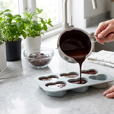 Moule en siliconepour gateau forme coeurgris chocolat qui est verse depuis une casserole