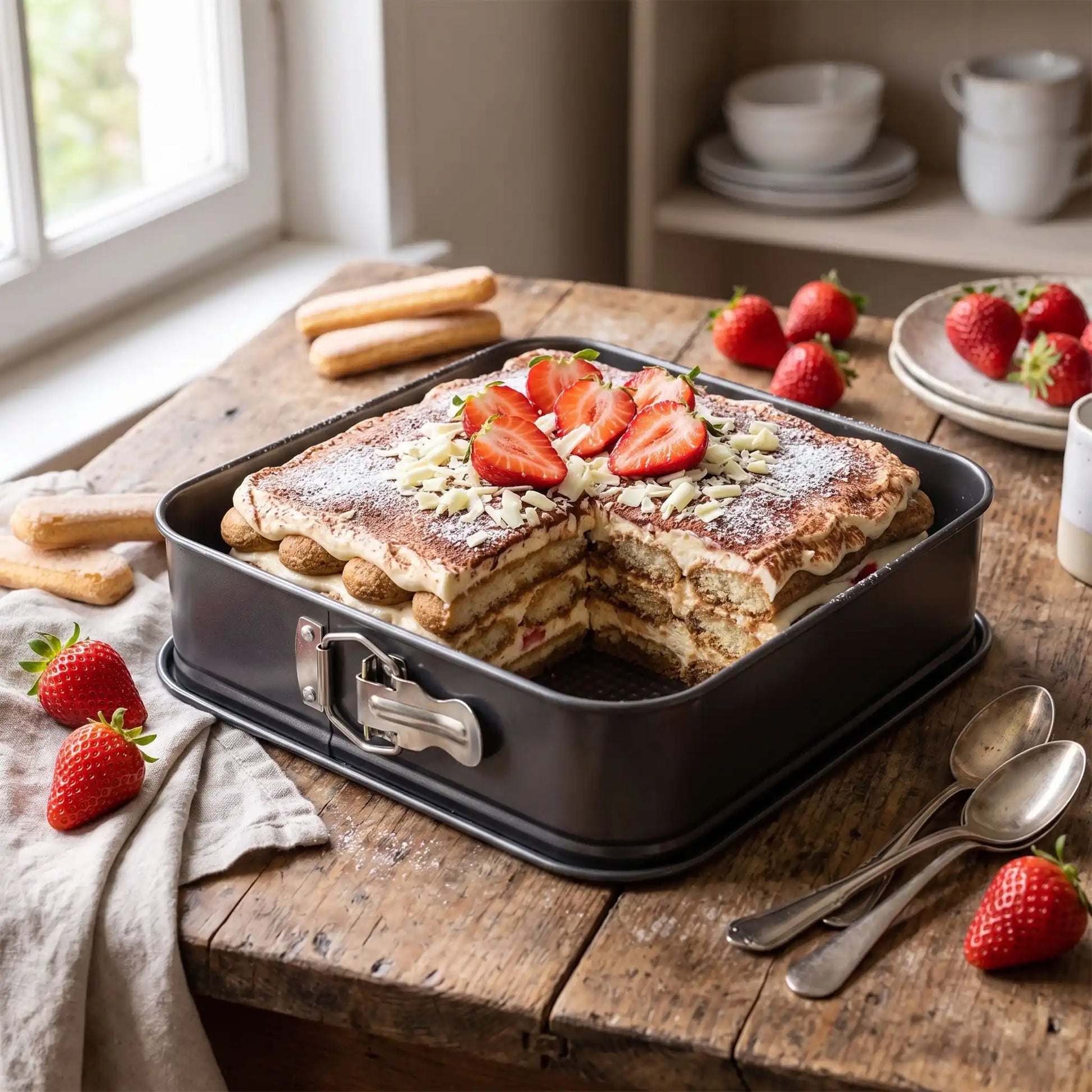 moule gateau carre acier avec tiramisu fraise