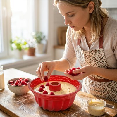 moule gateau kouglof femme qui met des framboises sur pate dans le moule