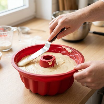 moule gateau kouglof rouge dame qui lisse la pate avec spatule