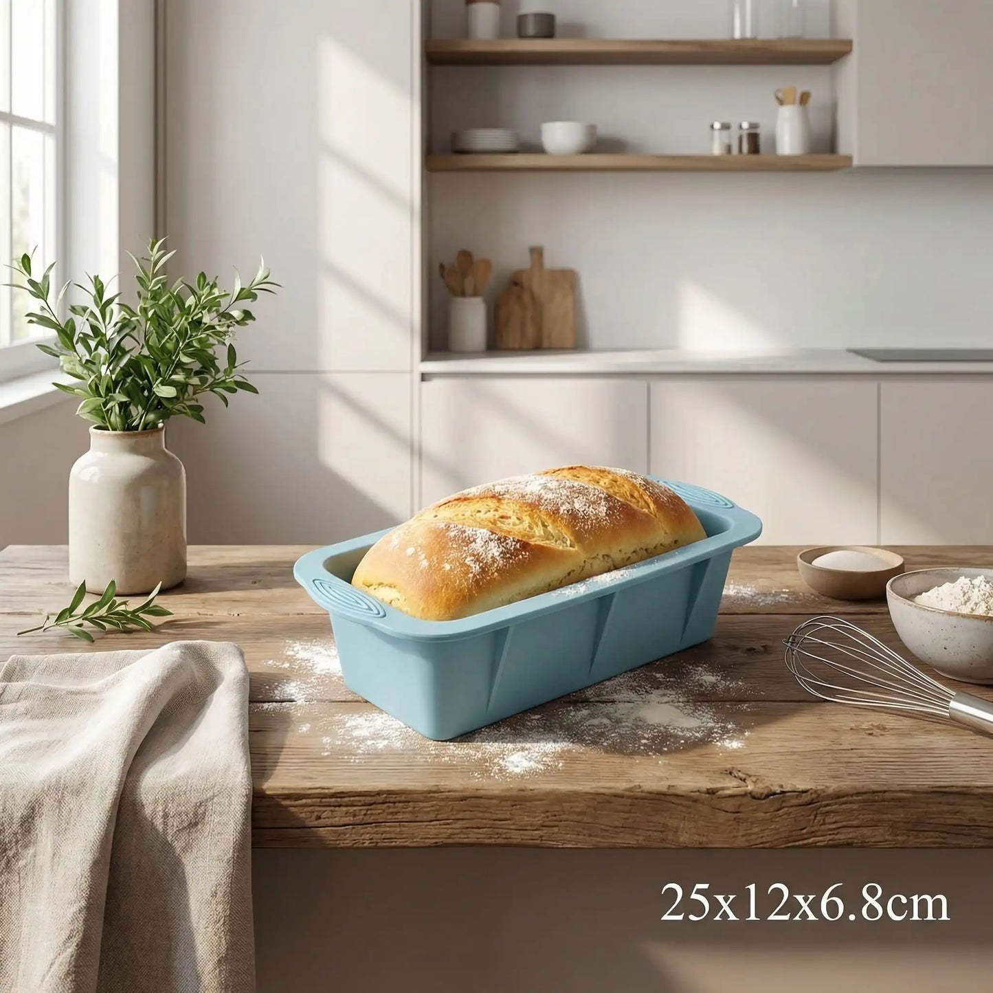 moule gateau silicone bleu brioche cuite dans moule sur plan travail
