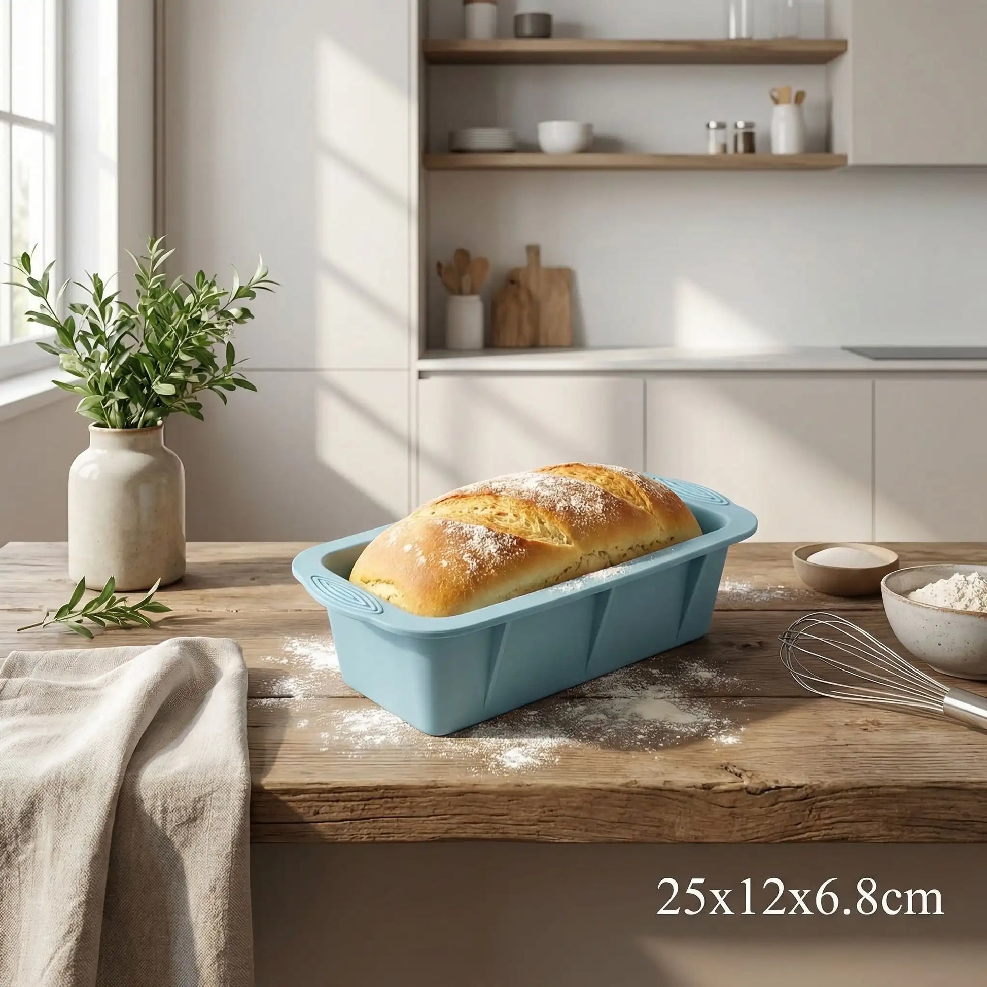 moule gateau silicone bleu brioche cuite dans moule sur plan travail