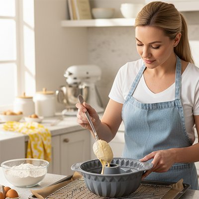 Moule silicone à kouglof femme qui verse la pate 