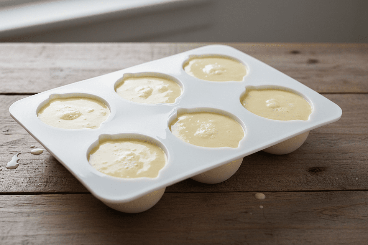 Moule silicone blanc 6 empreintes. Moule en forme de citron. Le moule su trouve sur une table en bois. Dans les empreintes du moule il y a de la pate liquide. Le moule est pret a aller au four