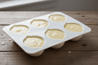 Moule silicone blanc 6 empreintes. Moule en forme de citron. Le moule su trouve sur une table en bois. Dans les empreintes du moule il y a de la pate liquide. Le moule est pret a aller au four